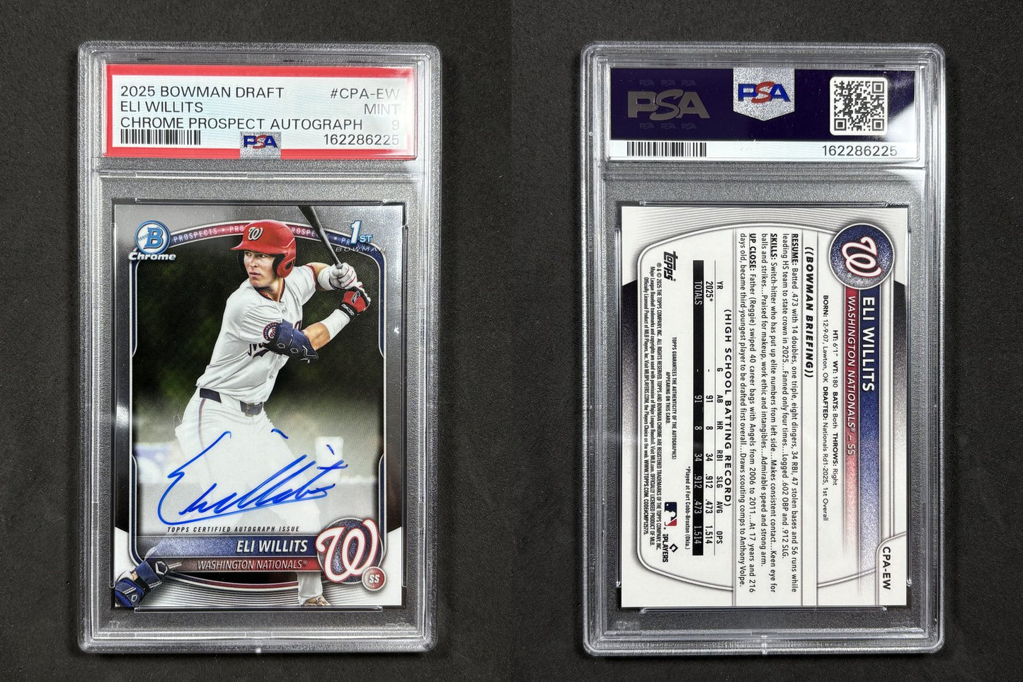 2025 Bowman Draft ELI WILLITS Chrome Prospect Autographs #CPA-EW RC Nats PSA 9