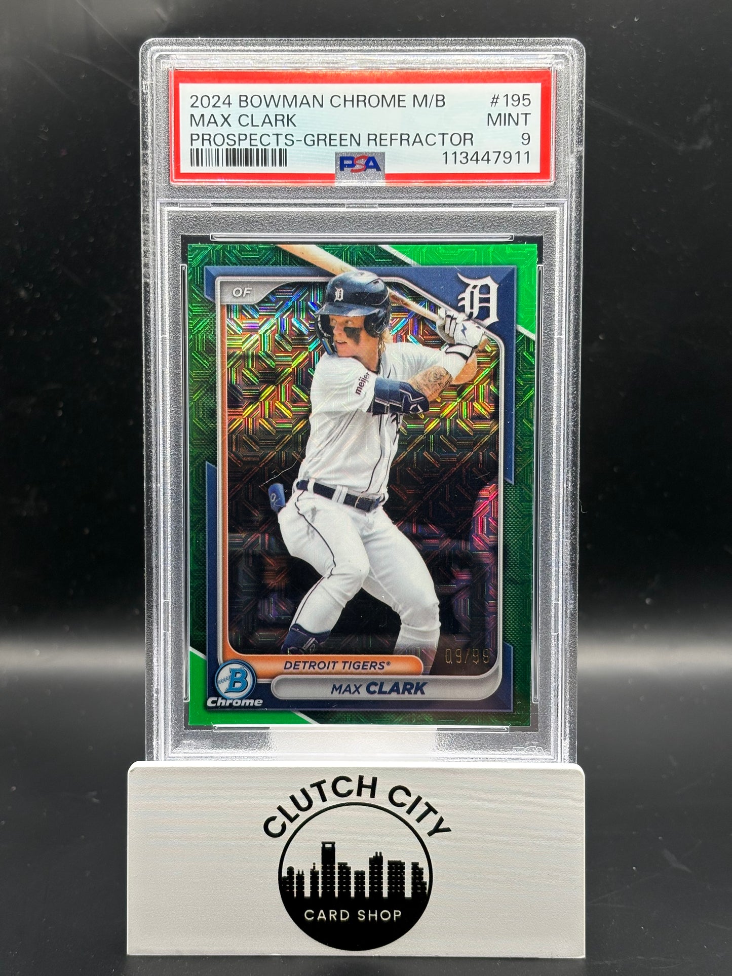 2024 Bowman Chrome Max Clark Prospects Green Refractor #195 09/99 PSA 9
