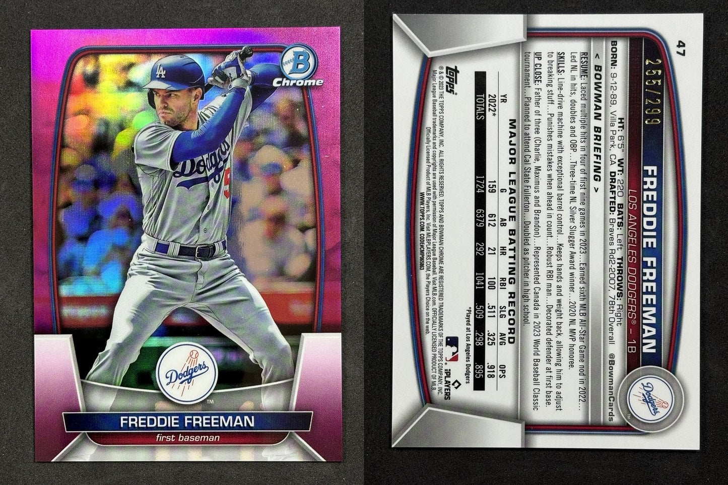 2023 Bowman Chrome FREDDIE FREEMAN Fuchsia Refractor #47 #/299 Dodgers