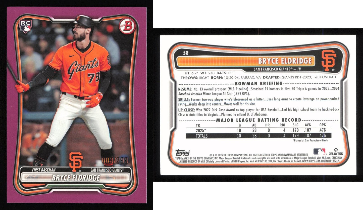 2026 Bowman BRYCE ELDRIDGE Fuchsia Border #58 #/299 RC Giants