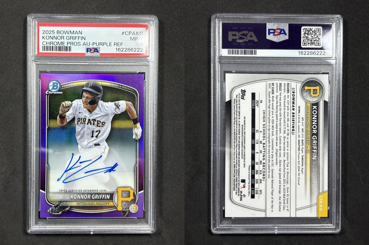 2025 Bowman Chrome KONNOR GRIFFIN Purple Refractor #CPA-KG Pirates PSA 9