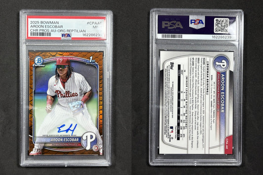 2025 Bowman Chrome AROON ESCOBAR Chrome Prospect Auto Orange Reptilian Ref PSA 9