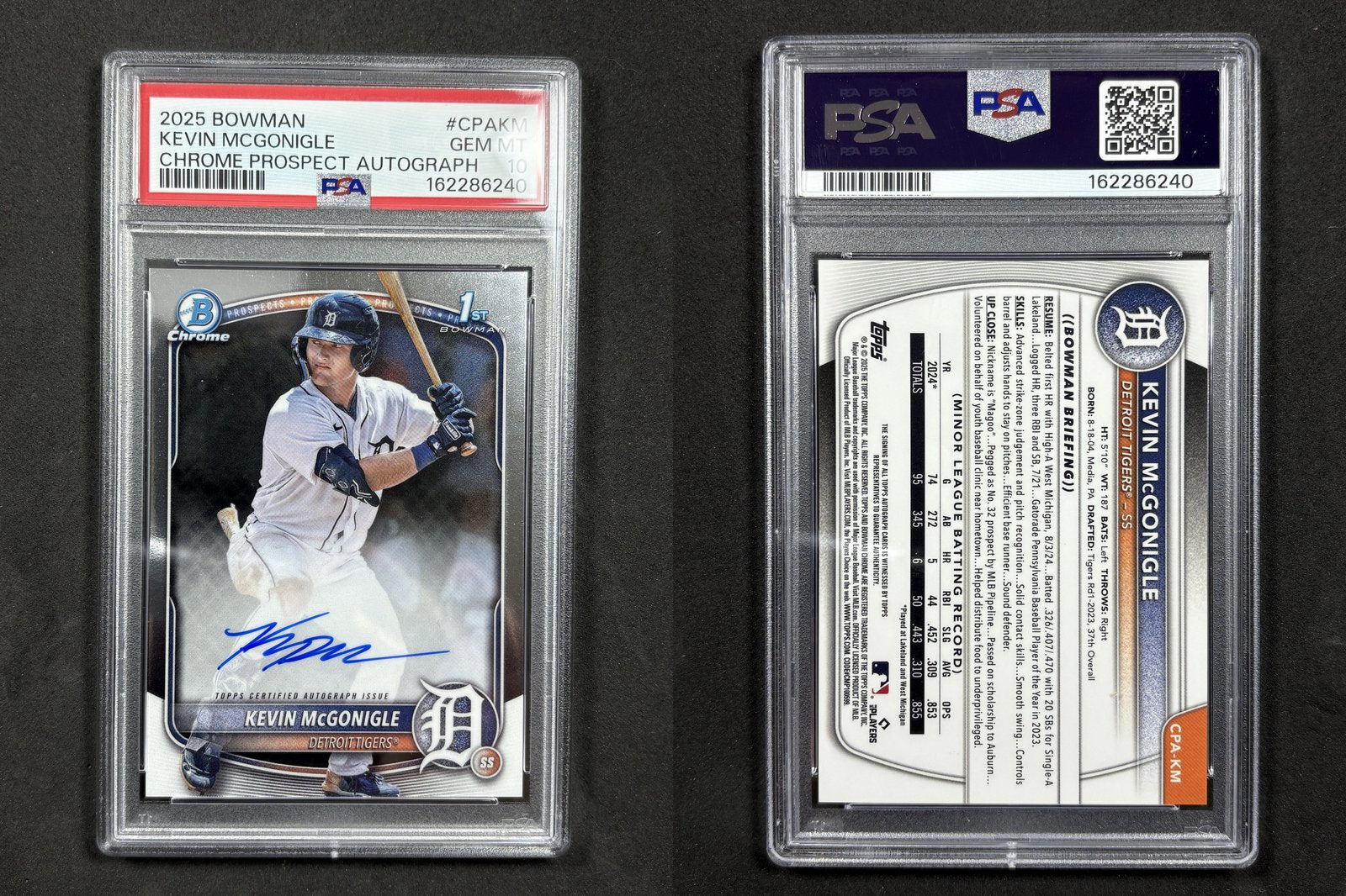 2025 Bowman Chrome KEVIN MCGONIGLE Chrome Prospect Autograph #CPA-KM Det PSA 10!