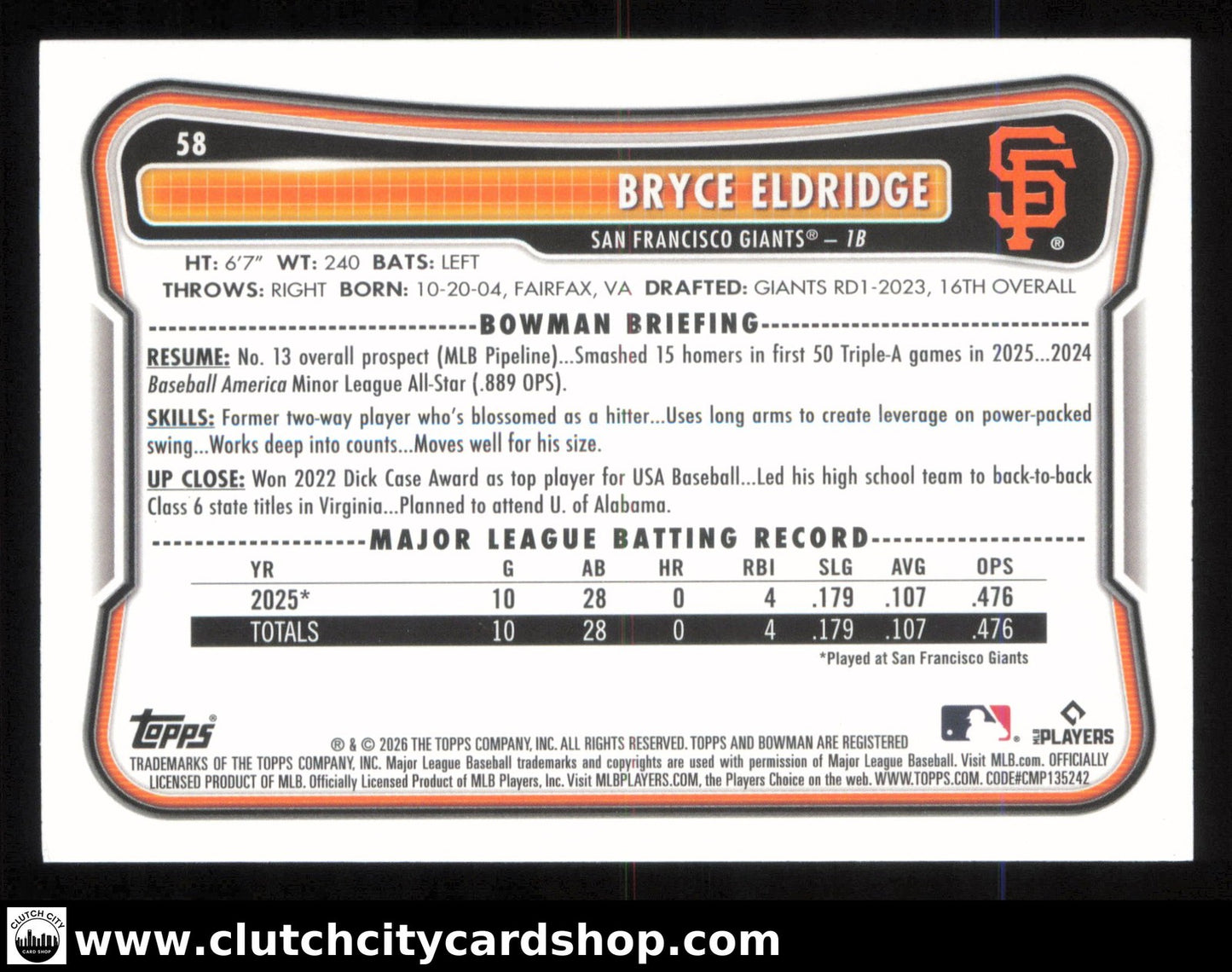 2026 Bowman BRYCE ELDRIDGE Fuchsia Border #58 #/299 RC Giants