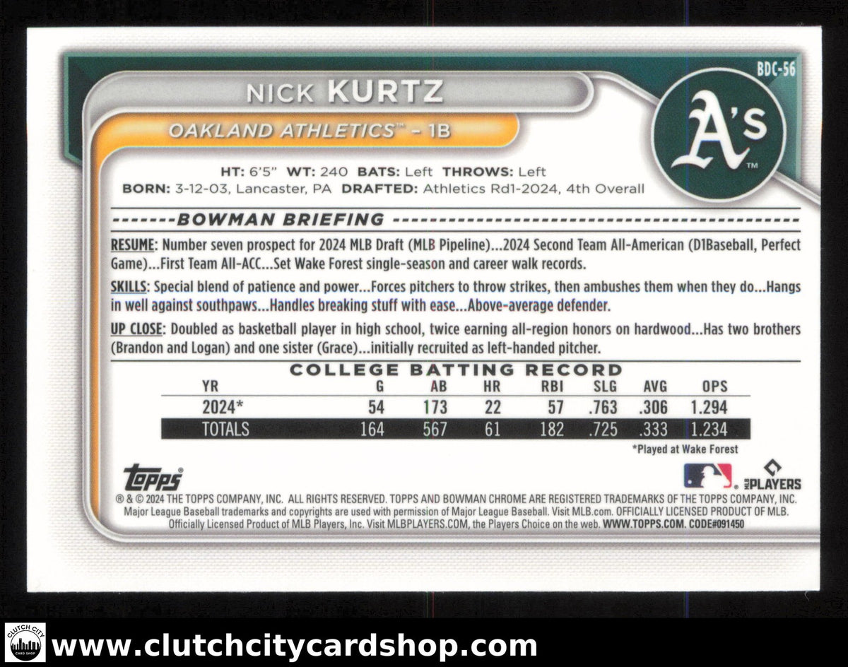 2024 Bowman Draft Chrome NICK KURTZ #BDC-56 Athletics