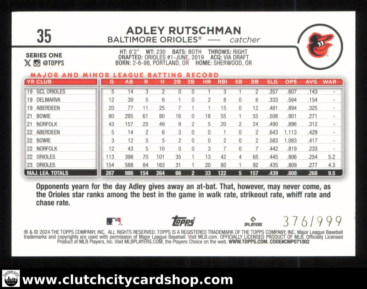 2024 Topps ADLEY RUTSCHMAN Blue Foil #35 #/999 Orioles