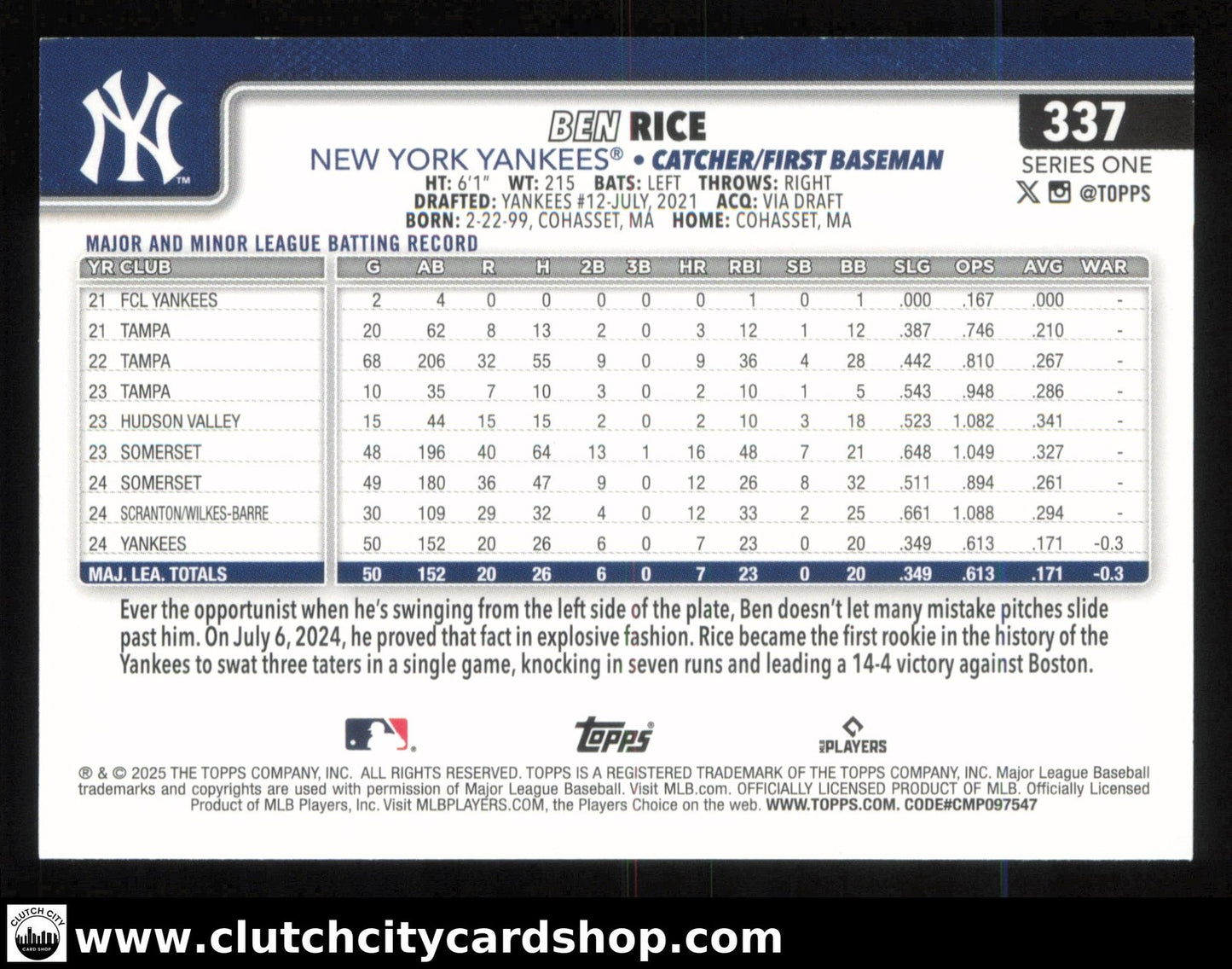 2025 Topps BEN RICE Diamante Foil #337 RC Yankees
