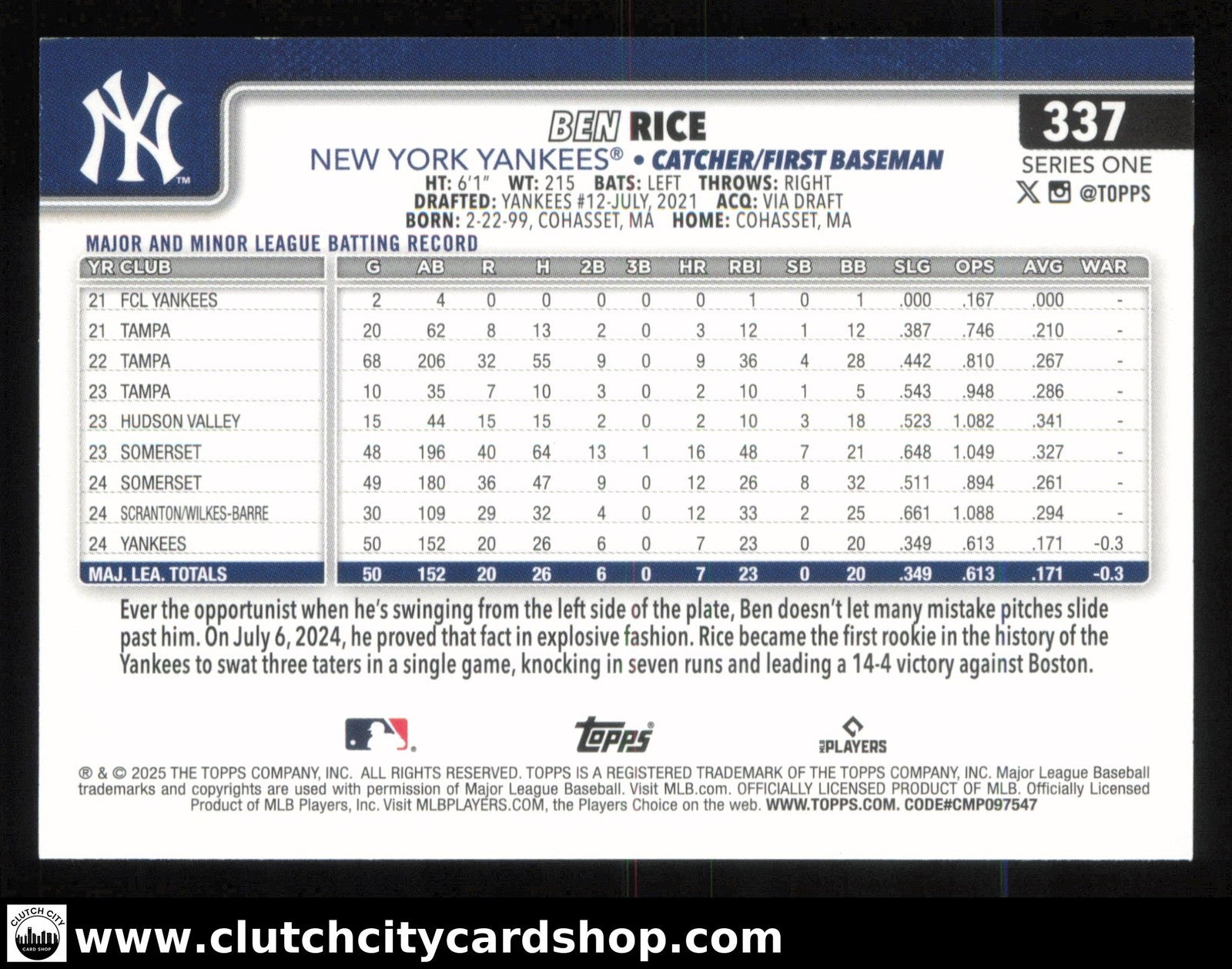 2025 Topps BEN RICE Diamante Foil #337 RC Yankees