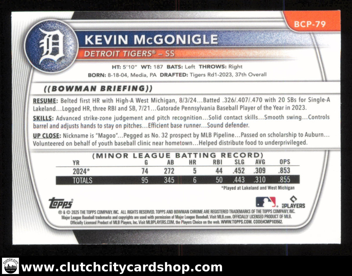 2025 Bowman Chrome Prospects KEVIN MCGONIGLE Mega Box Mojo Refractor #BCP-79 Tig