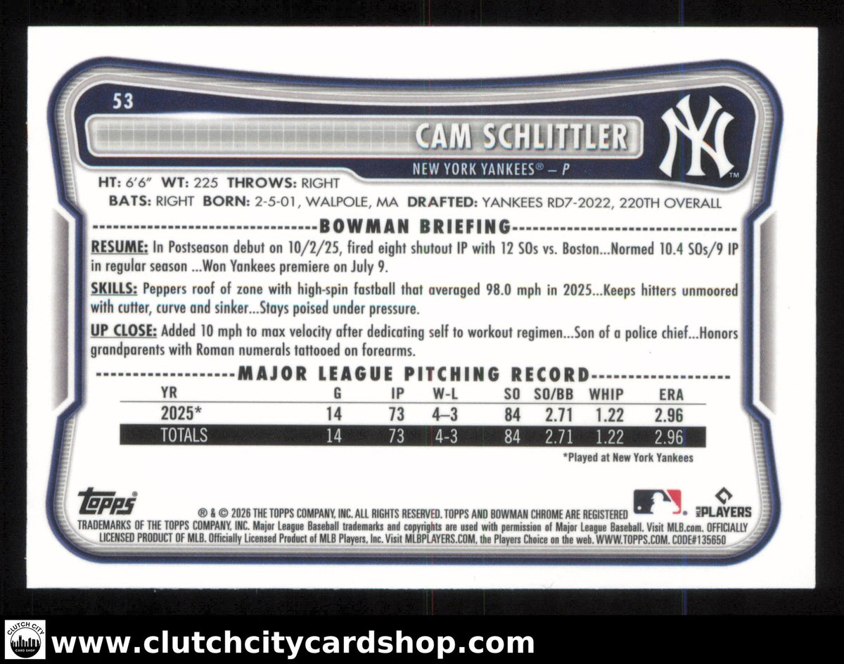 2026 Bowman Chrome CAM SCHLITTLER Red Rookie Variation #53 RC Yankees