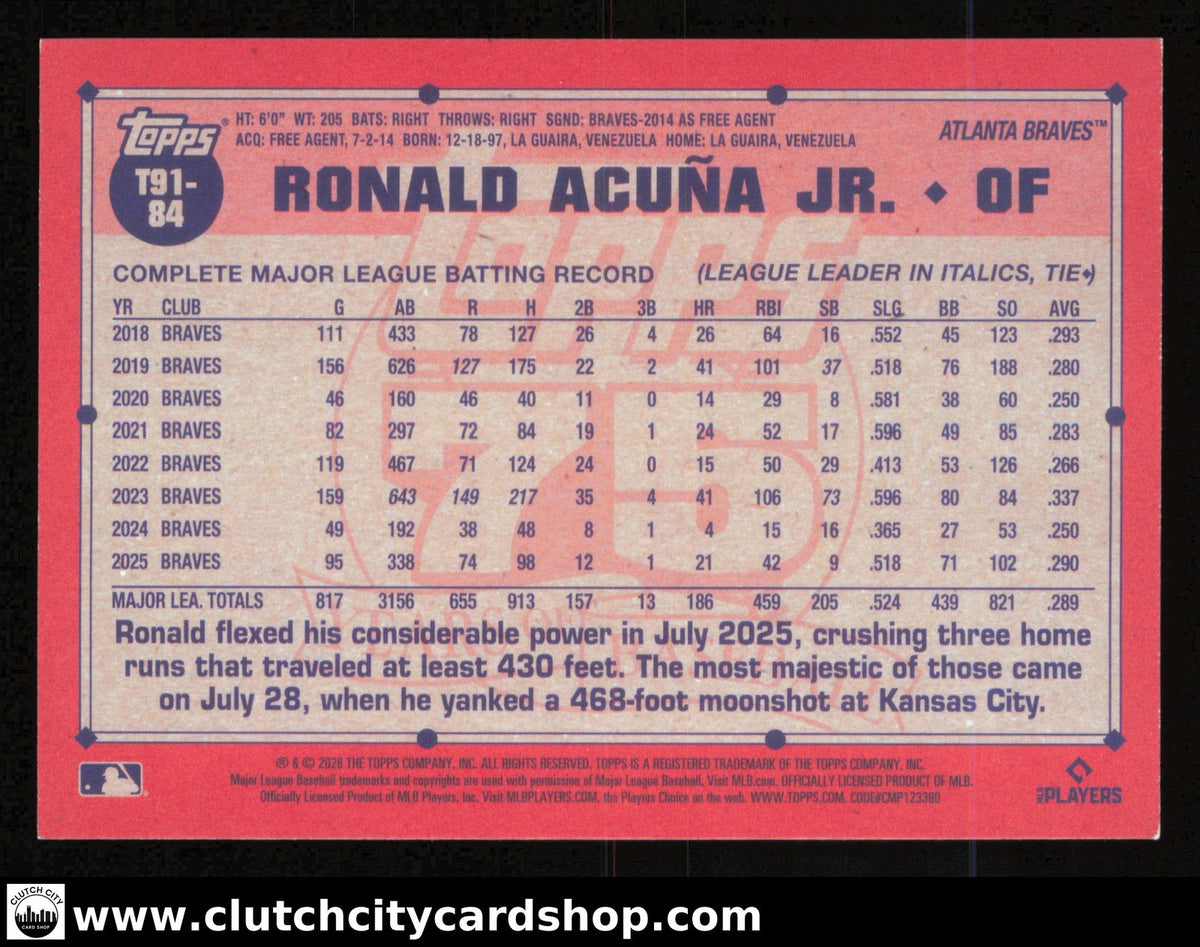 2026 Topps Series 1 RONALD ACUNA JR. 1991 Topps Baseball Blue Crackleboard /150