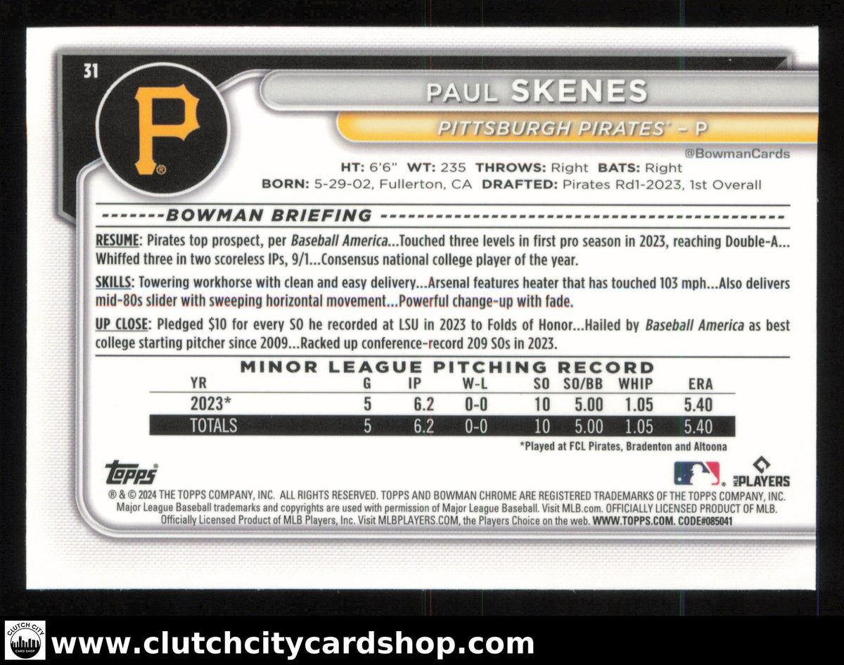 2024 Bowman Chrome PAUL SKENES #31 RC Pirates