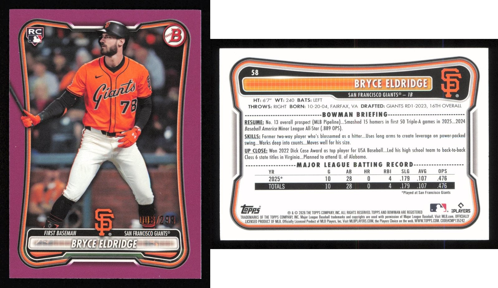 2026 Bowman BRYCE ELDRIDGE Fuchsia Border #58 #/299 RC Giants