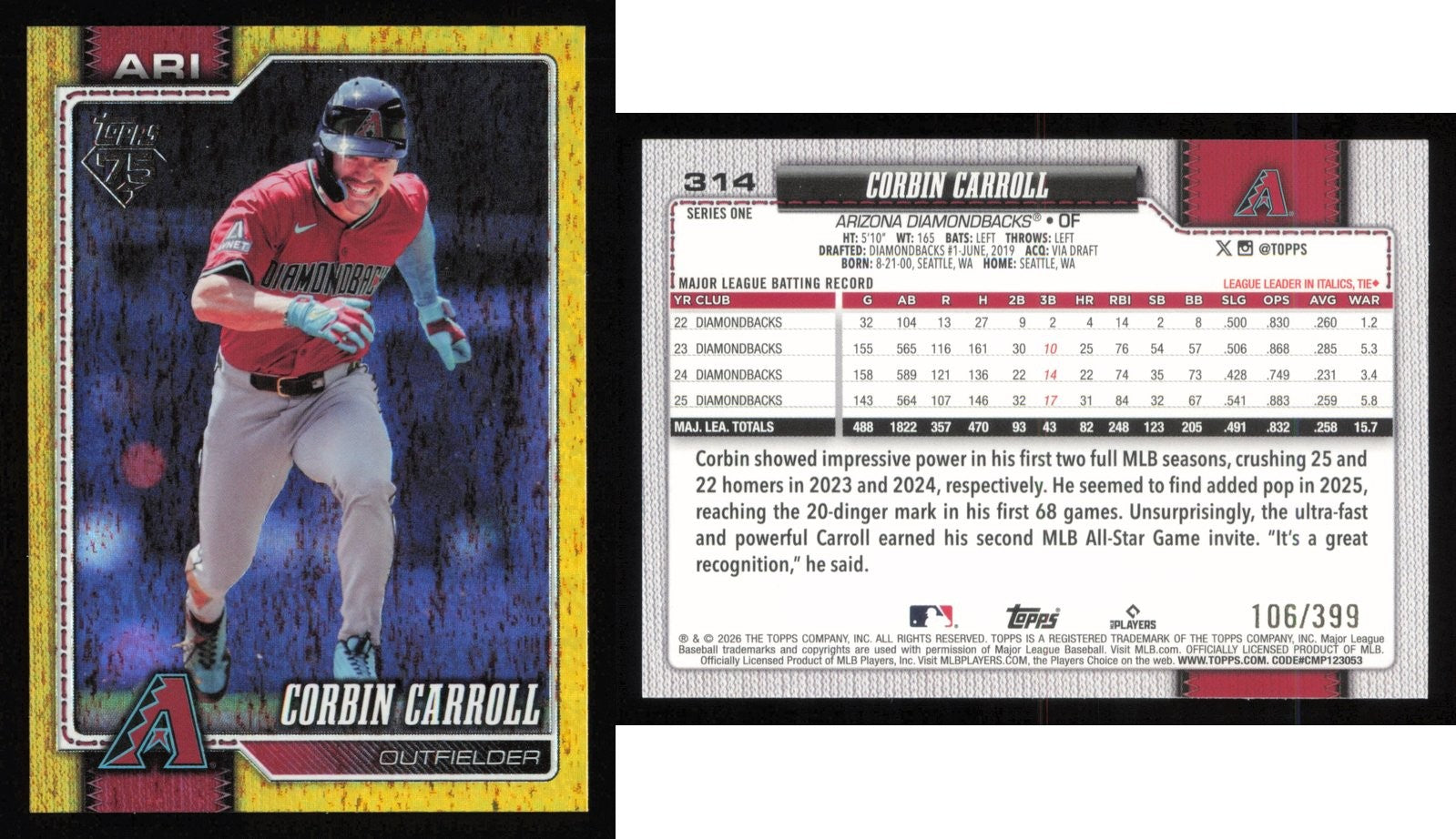 2026 Topps Series 1 CORBIN CARROLL Yellow Rainbow Foil #314 #/399 Diamondbacks