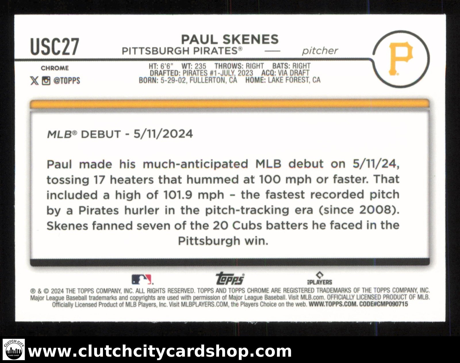 2024 Topps Chrome Update PAUL SKENES Rookie Debut Base #USC27 RC Pirates