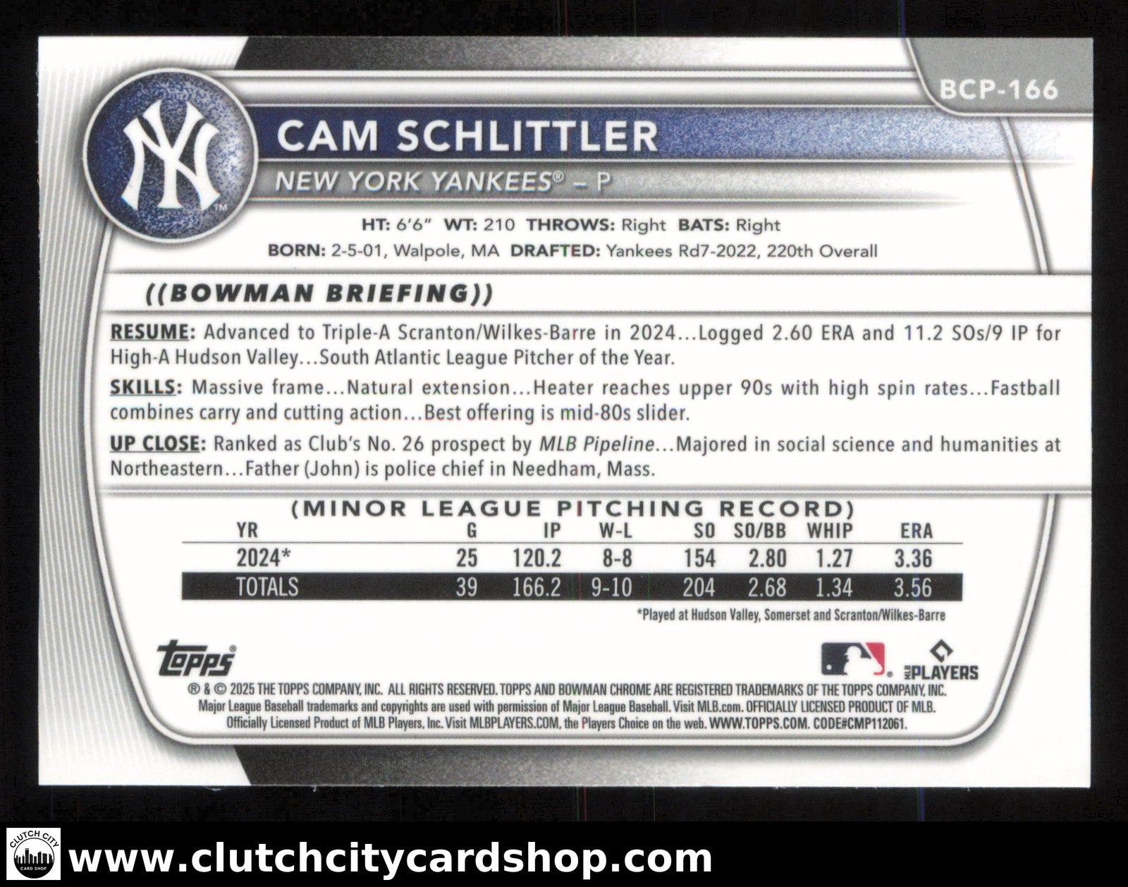 2025 Bowman Chrome CAM SCHLITTLER Prospects #BCP-166 Yankees