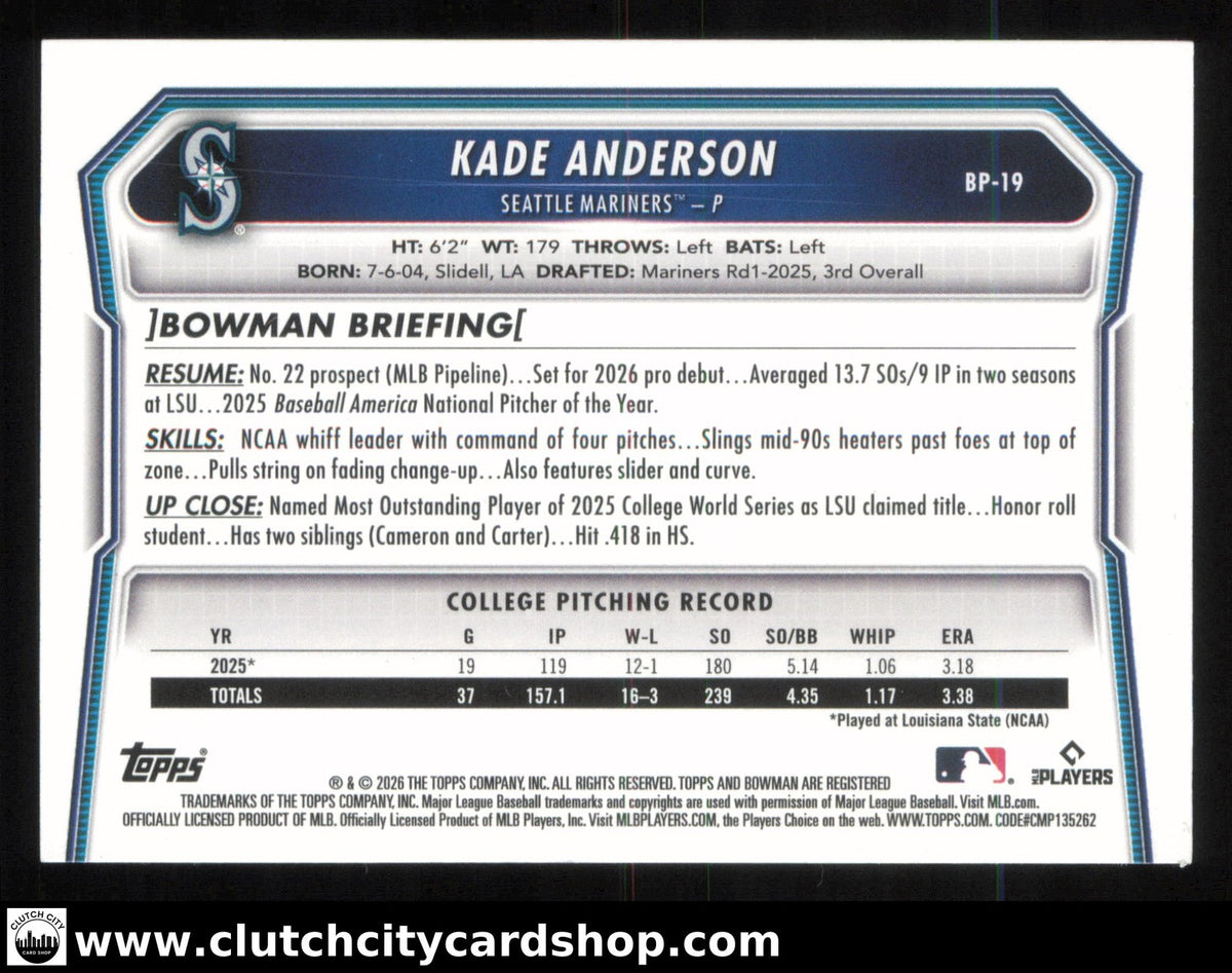 2026 Bowman KADE ANDERSON Neon Green Border #BP-19 #/399 Mariners