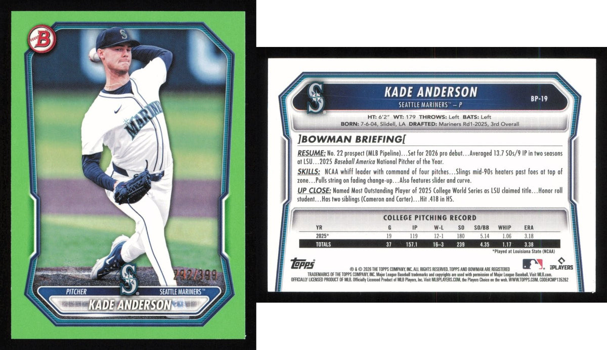 2026 Bowman KADE ANDERSON Neon Green Border #BP-19 #/399 Mariners