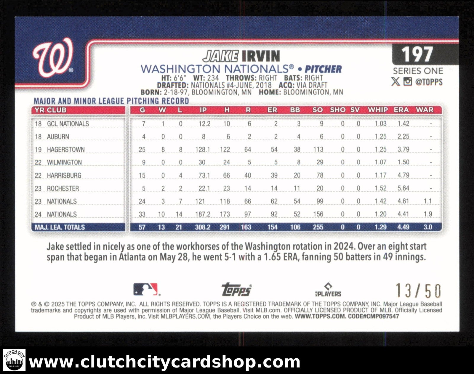 2025 Topps JAKE IRVIN Gold Holo Foil #197 #/50 Nationals