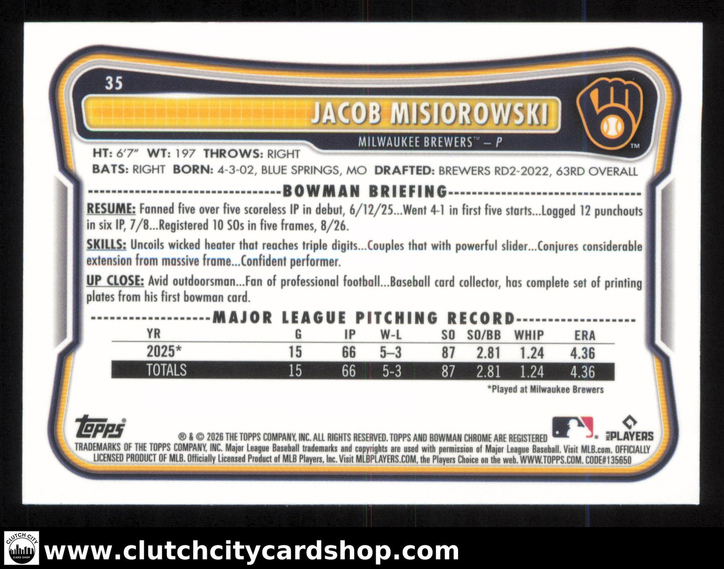 2026 Bowman Chrome JACOB MISIOROWSKI Red Rookie Variation #35 RC Brewers