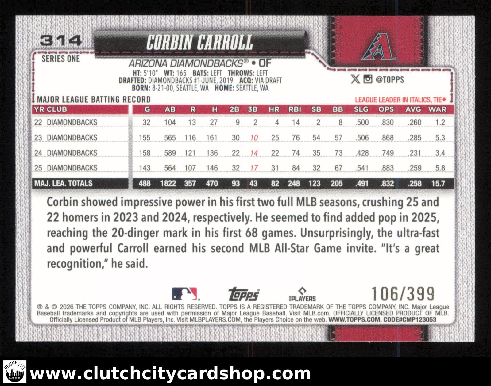 2026 Topps Series 1 CORBIN CARROLL Yellow Rainbow Foil #314 #/399 Diamondbacks