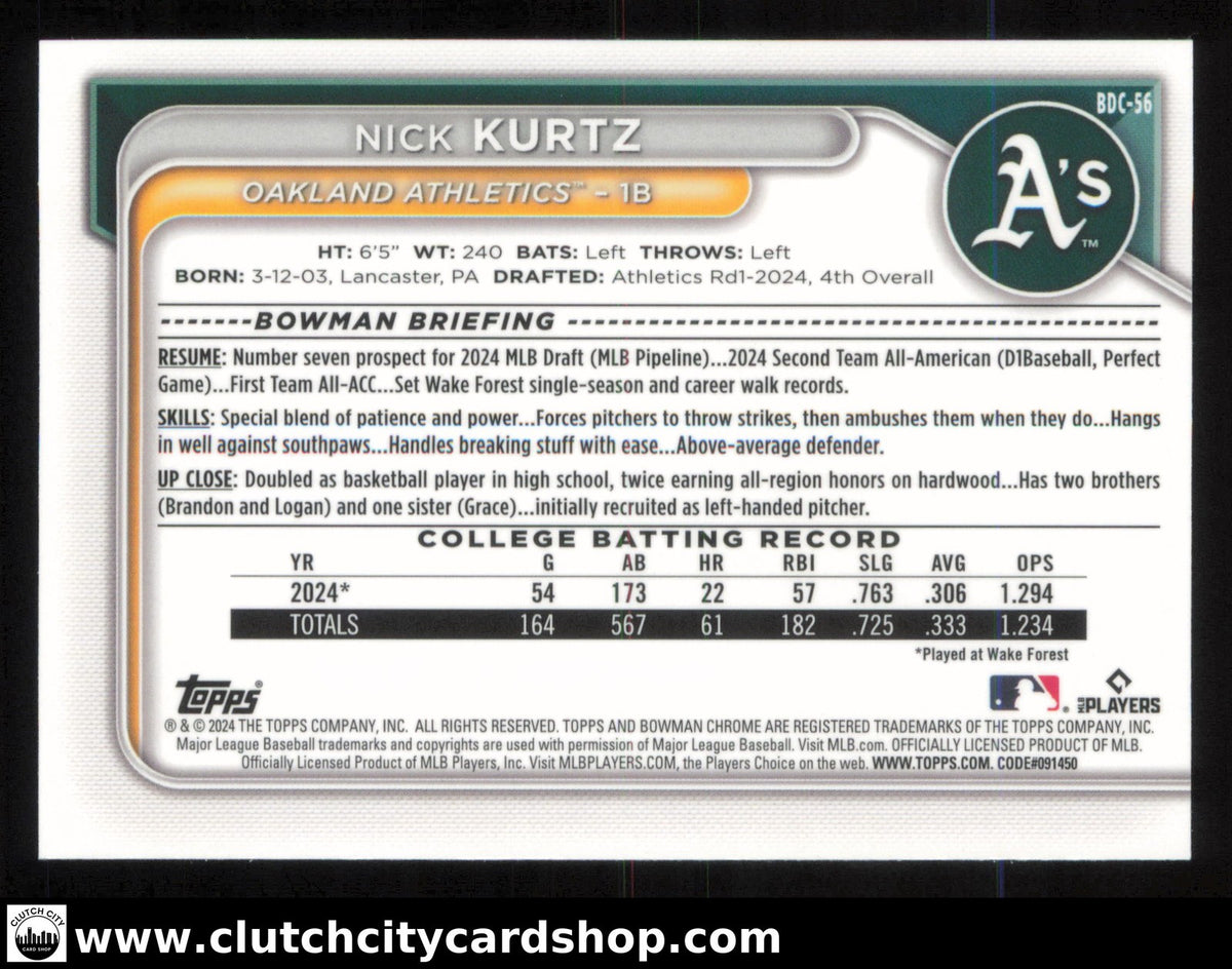 2024 Bowman Draft Chrome NICK KURTZ #BDC-56 Athletics