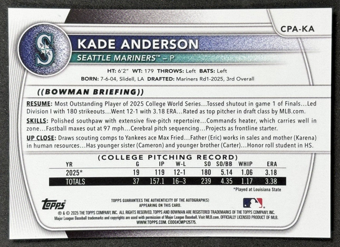 2025 Bowman Draft Kade Anderson Chrome Auto Purple Refractor /250 Mariners