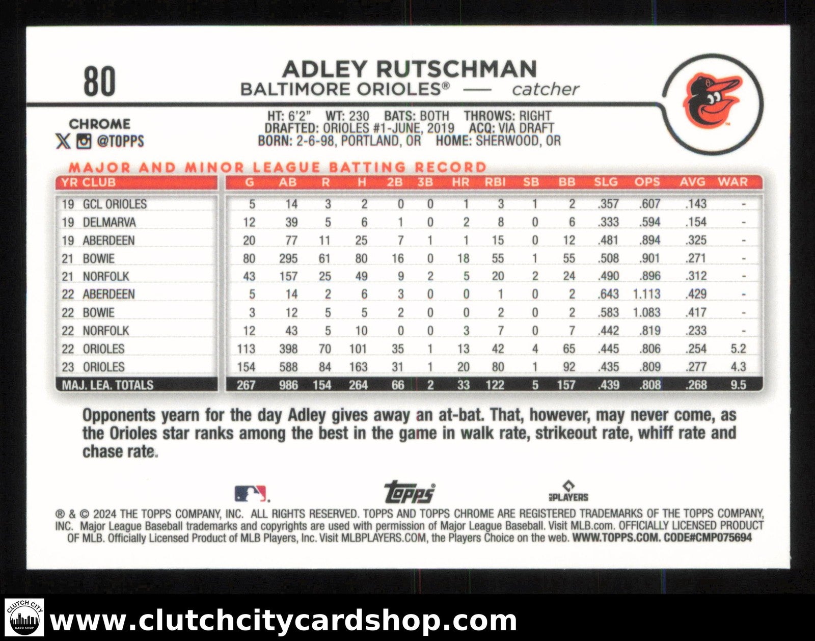 2024 Topps Chrome ADLEY RUTSCHMAN Blue RayWave Refractor #80 #/150 Orioles