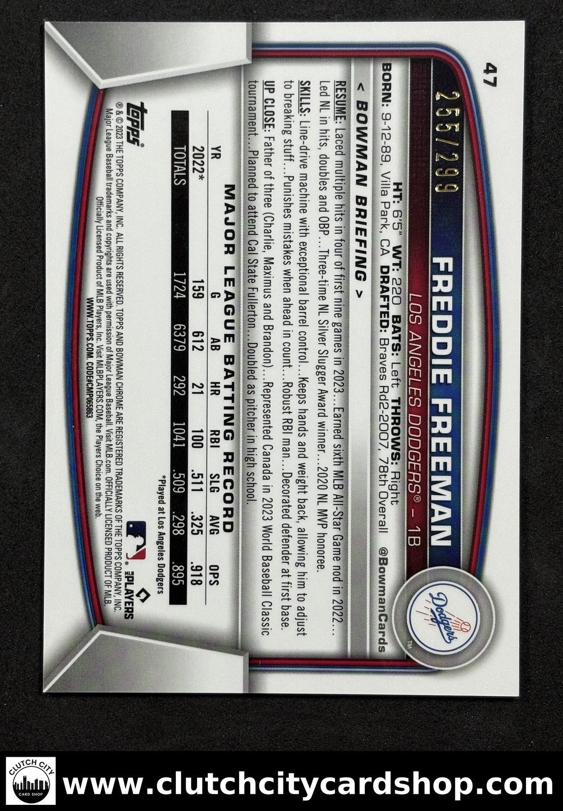 2023 Bowman Chrome FREDDIE FREEMAN Fuchsia Refractor #47 #/299 Dodgers