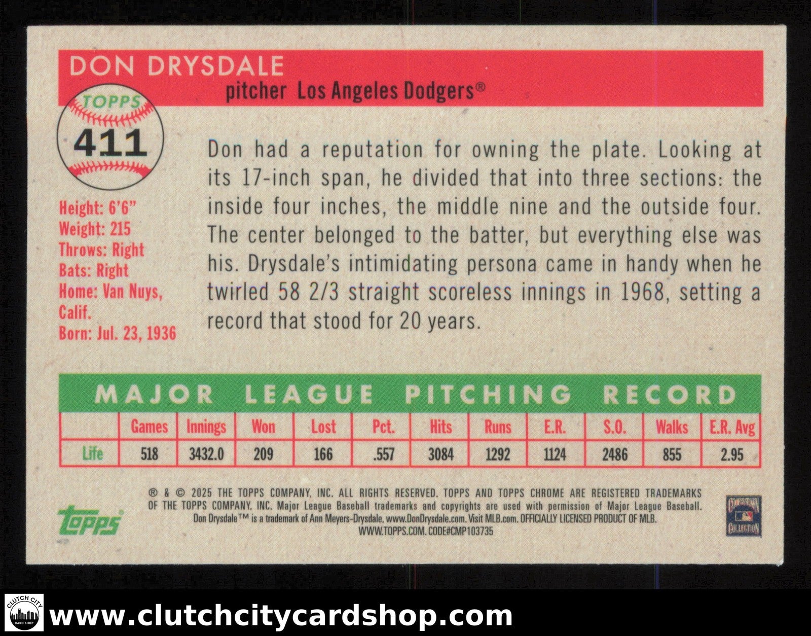 2025 Topps Chrome Platinum DON DRYSDALE Blue Mini-Diamond Refractor  /199