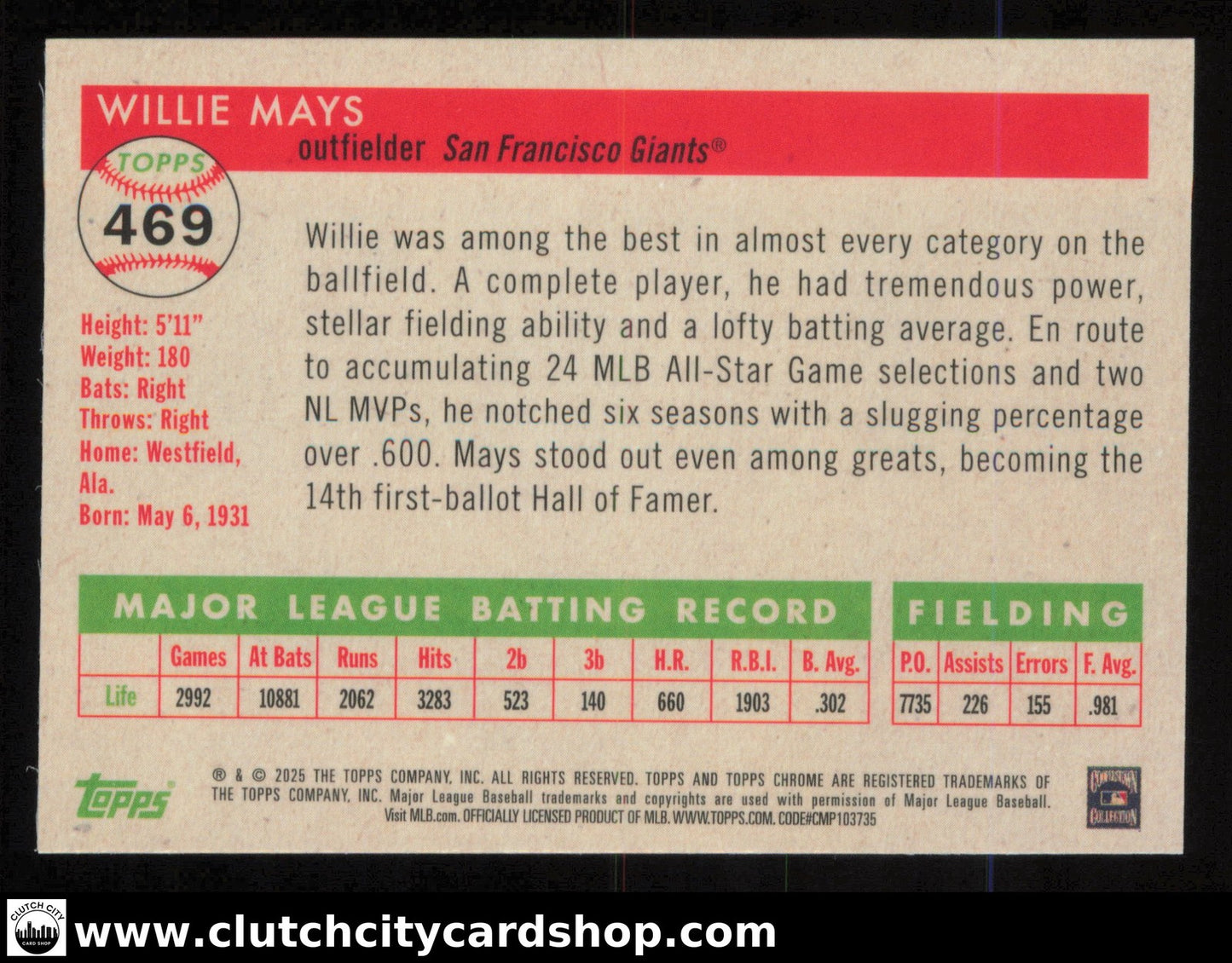 2025 Topps Chrome Platinum Anniversary WILLIE MAYS Refractor #469 #/499 Giants