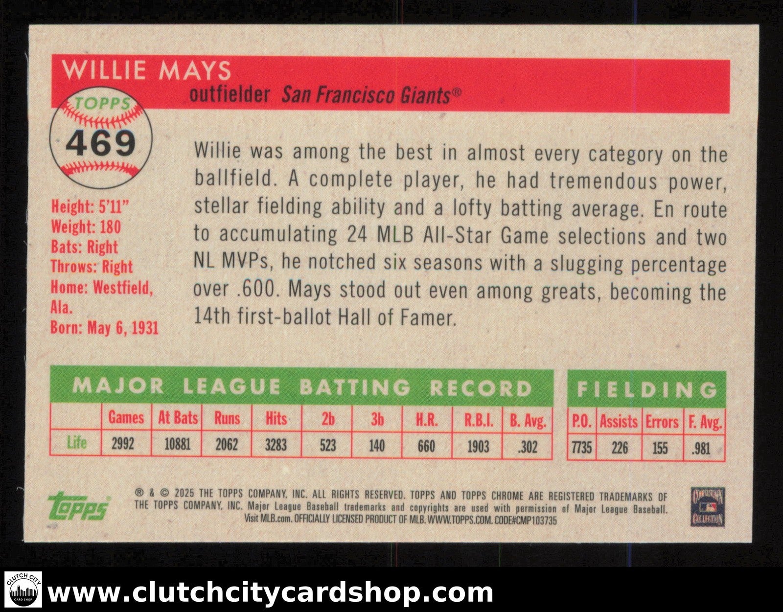 2025 Topps Chrome Platinum Anniversary WILLIE MAYS Refractor #469 #/499 Giants