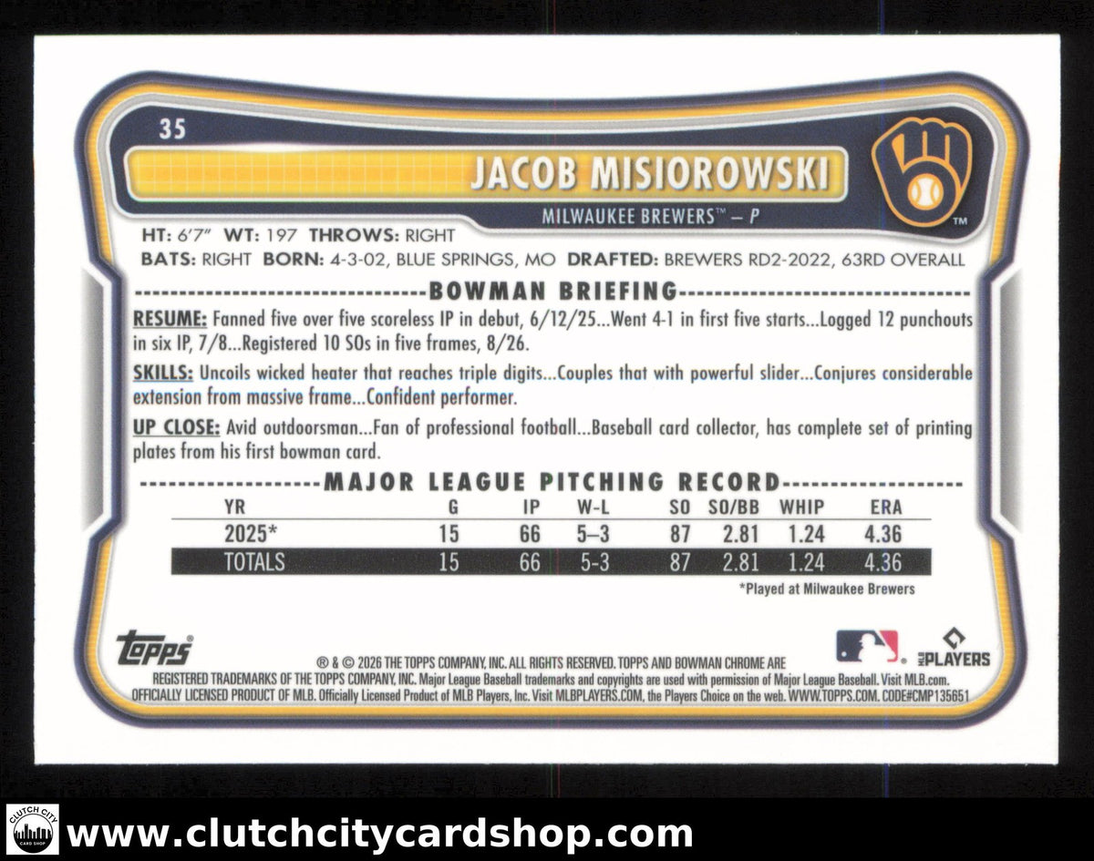 2026 Bowman Chrome JACOB MISIOROWSKI Mojo Refractor #35 RC Brewers